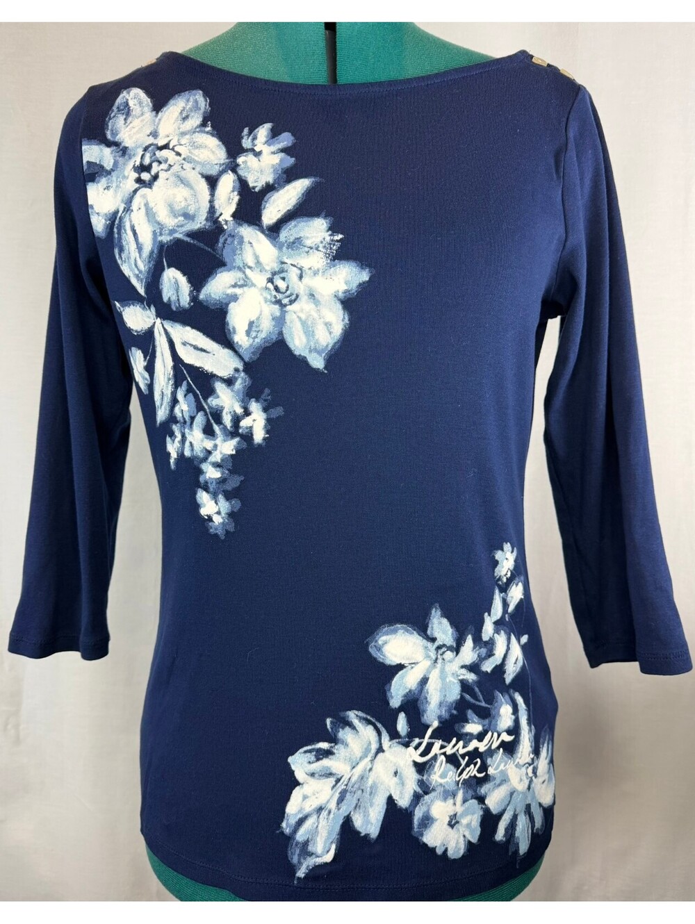 Lauren Ralph Lauren Size L Navy Blue Floral Boatneck 3/4 Sleeve Cotton Top